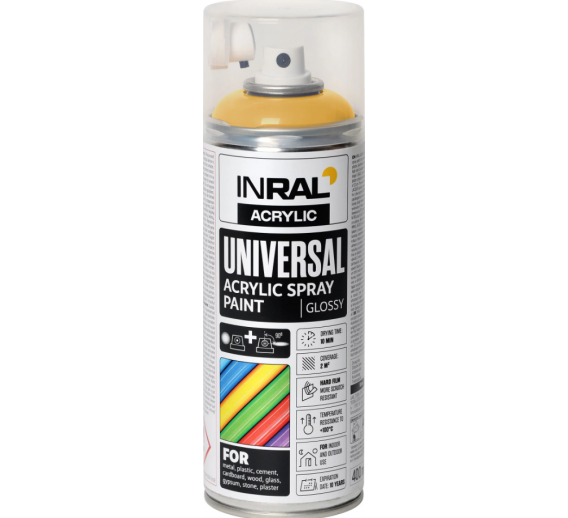 Dažai. Dažai, dažymo įrankiai, dažymo juostos. Aerozoliniai dažai, lakas, gruntas. Dažai INRAL Acrylic Universal RAL1023 blizgi 400ml 