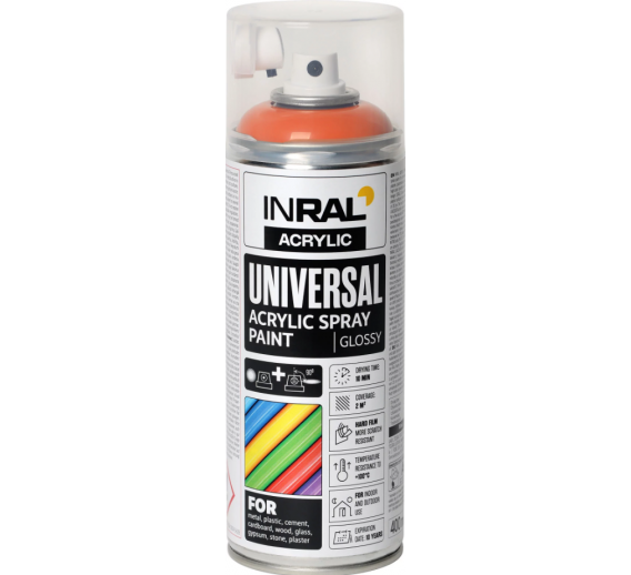 Dažai. Dažai, dažymo įrankiai, dažymo juostos. Aerozoliniai dažai, lakas, gruntas. Dažai INRAL Acrylic Universal RAL2004 blizgi 400ml 