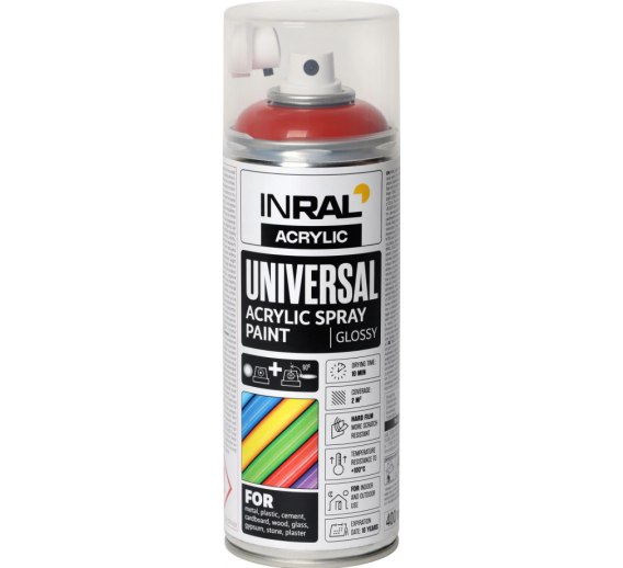 Dažai. Dažai, dažymo įrankiai, dažymo juostos. Aerozoliniai dažai, lakas, gruntas. Dažai INRAL Acrylic Universal RAL3002 blizgi 400ml 
