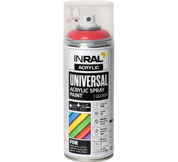 Dažai. Dažai, dažymo įrankiai, dažymo juostos. Aerozoliniai dažai, lakas, gruntas. Dažai INRAL Acrylic Universal RAL3020 blizgi 400ml 