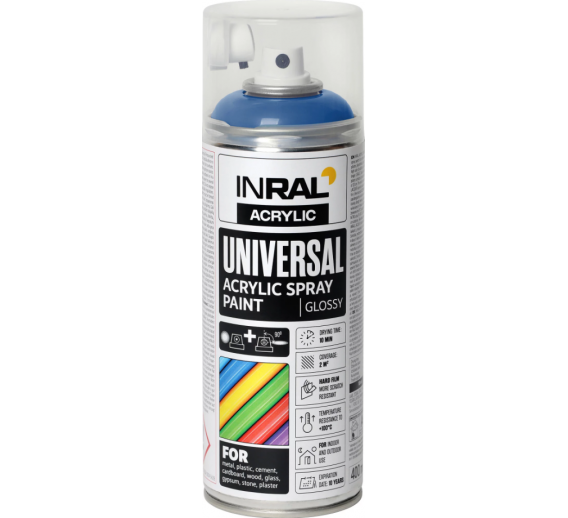 Dažai. Dažai, dažymo įrankiai, dažymo juostos. Aerozoliniai dažai, lakas, gruntas. Dažai INRAL Acrylic Universal RAL5010 blizgi 400ml 