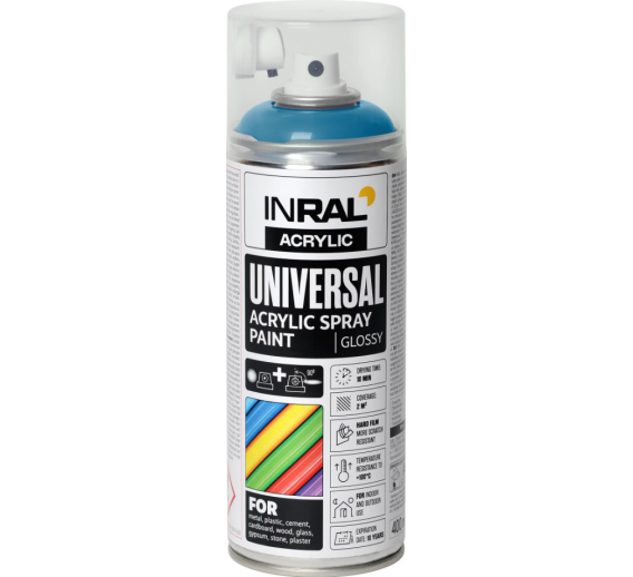 Dažai. Dažai, dažymo įrankiai, dažymo juostos. Aerozoliniai dažai, lakas, gruntas. Dažai INRAL Acrylic Universal RAL5012 blizgi 400ml 