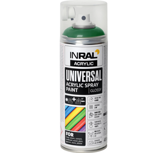 Dažai. Dažai, dažymo įrankiai, dažymo juostos. Aerozoliniai dažai, lakas, gruntas. Dažai INRAL Acrylic Universal RAL6005 blizgi 400ml 
