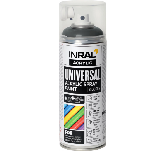Dažai. Dažai, dažymo įrankiai, dažymo juostos. Aerozoliniai dažai, lakas, gruntas. Dažai INRAL Acrylic Universal RAL7016 blizgi 400ml 