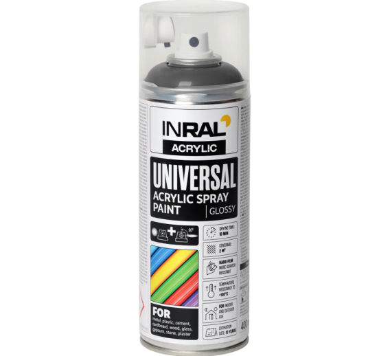 Dažai. Dažai, dažymo įrankiai, dažymo juostos. Aerozoliniai dažai, lakas, gruntas. Dažai INRAL Acrylic Universal RAL7024 blizgi 400ml 
