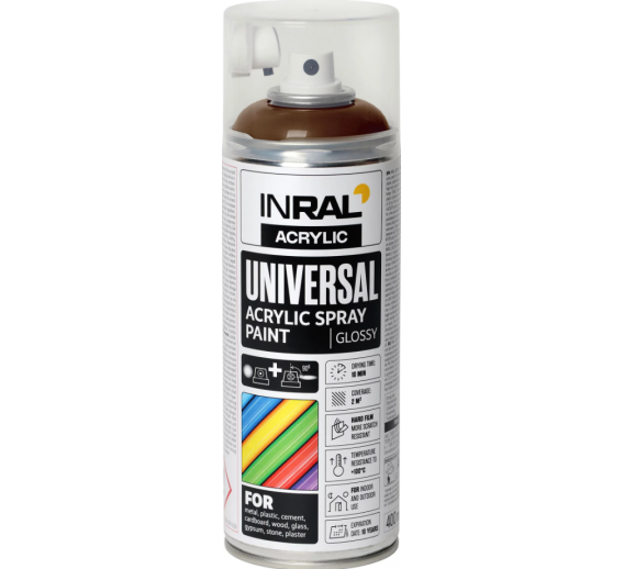 Dažai. Dažai, dažymo įrankiai, dažymo juostos. Aerozoliniai dažai, lakas, gruntas. Dažai INRAL Acrylic Universal RAL8017 matinė 400ml 