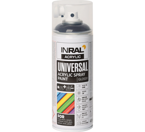 Dažai. Dažai, dažymo įrankiai, dažymo juostos. Aerozoliniai dažai, lakas, gruntas. Dažai INRAL Acrylic Universal RAL8019 blizgi 400ml