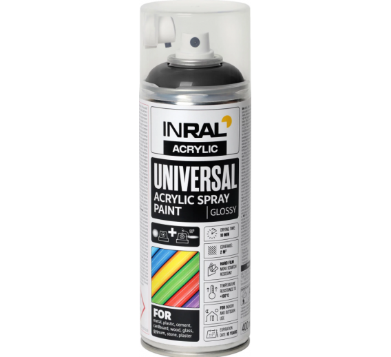 Dažai. Dažai, dažymo įrankiai, dažymo juostos. Aerozoliniai dažai, lakas, gruntas. Dažai INRAL Acrylic Universal RAL9005 blizgi 400ml 