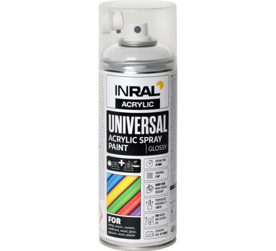 Dažai. Dažai, dažymo įrankiai, dažymo juostos. Aerozoliniai dažai, lakas, gruntas. Dažai INRAL Acrylic Universal RAL9010 blizgi 400ml 