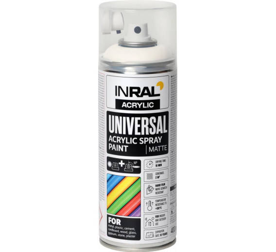 Dažai. Dažai, dažymo įrankiai, dažymo juostos. Aerozoliniai dažai, lakas, gruntas. Dažai INRAL Acrylic Universal RAL9010 matinė 400ml 