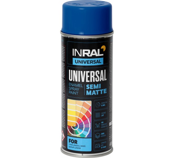 Dažai. Dažai, dažymo įrankiai, dažymo juostos. Aerozoliniai dažai, lakas, gruntas. Dažai INRAL Universal mėlyna RAL5010 pus. mat. 400 ml 