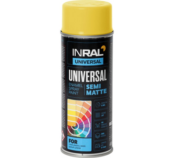 Dažai. Dažai, dažymo įrankiai, dažymo juostos. Aerozoliniai dažai, lakas, gruntas. Dažai INRAL UNIVERSAL, pus. mat. kelin. geltona, 400ml 