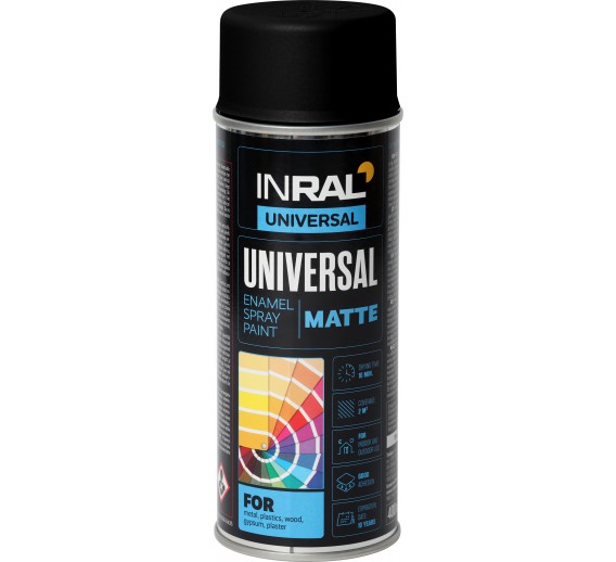 Dažai. Dažai, dažymo įrankiai, dažymo juostos. Aerozoliniai dažai, lakas, gruntas. Dažai INRAL UNIVERSAL RAL9005 tamsiai juoda, matinė 400ml