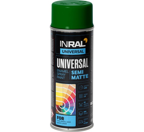 Dažai. Dažai, dažymo įrankiai, dažymo juostos. Aerozoliniai dažai, lakas, gruntas. Dažai INRAL Universal samaniniai RAL6005 pus. mat. 400 ml 