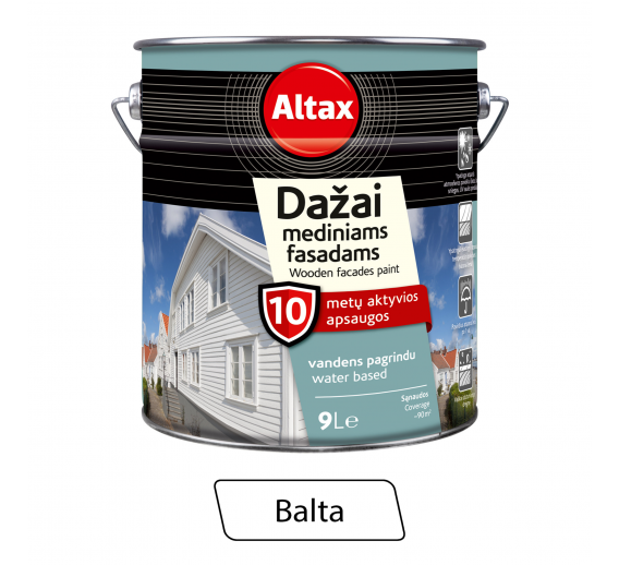 Dažai. Medienos apsaugos ir dekoravimo priemonės. Medienos dažai ir dažyvės. Dažai medienai. Dažai mediniams fasadams Altax balti 9l 