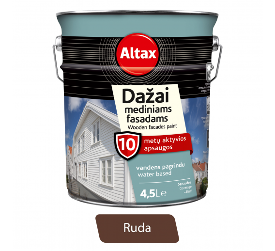 Dažai. Medienos apsaugos ir dekoravimo priemonės. Medienos dažai ir dažyvės. Dažai medienai. Dažai mediniams fasadams Altax rudi 4,5l 