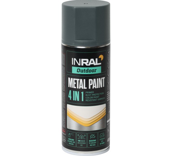 Dažai. Dažai, dažymo įrankiai, dažymo juostos. Aerozoliniai dažai, lakas, gruntas. Dažai metalui INRAL 4in1 antracitas 400ml