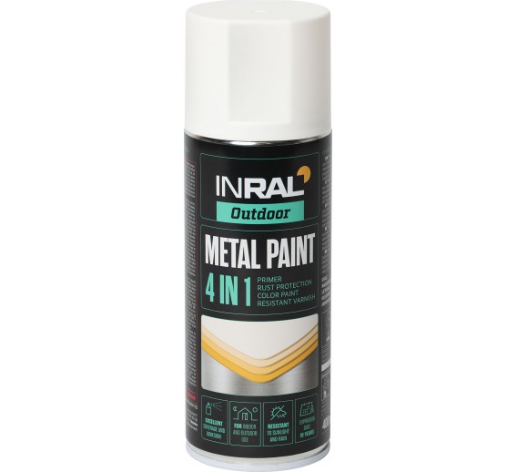 Dažai. Dažai, dažymo įrankiai, dažymo juostos. Aerozoliniai dažai, lakas, gruntas. Dažai metalui INRAL 4in1 balta matinė 400ml