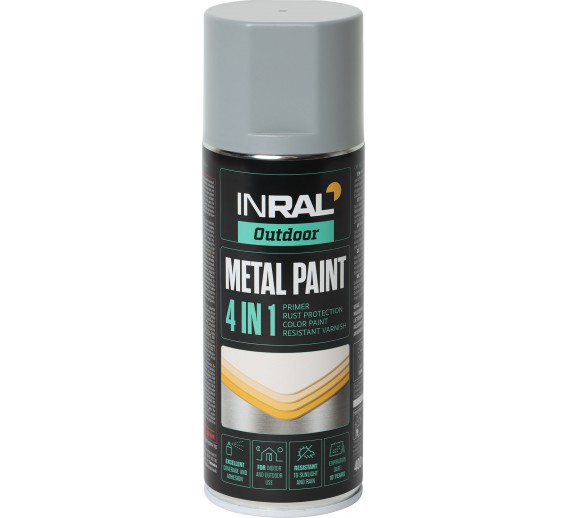 Dažai. Dažai, dažymo įrankiai, dažymo juostos. Aerozoliniai dažai, lakas, gruntas. Dažai metalui INRAL 4in1 pilka matinė 400ml
