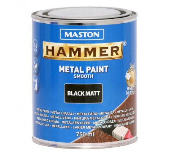 Dažai. Dažai, dažymo įrankiai, dažymo juostos. Metalo dažai. Dažai metalui MASTON Smooth Hammer juoda matinė sp. 0,75l 