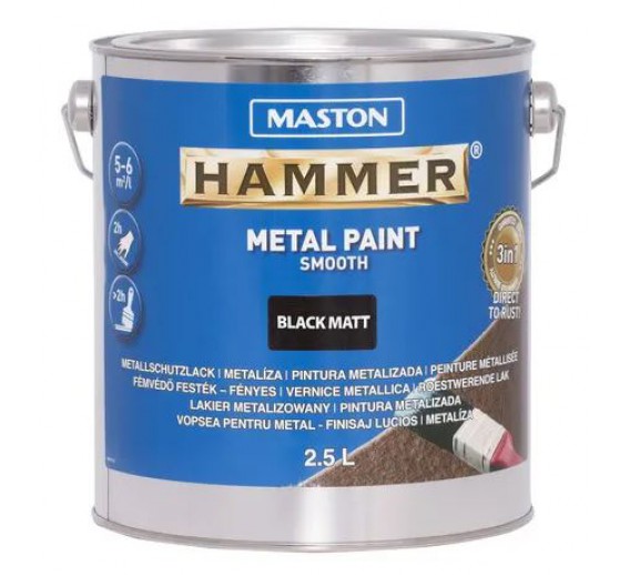 Dažai. Dažai, dažymo įrankiai, dažymo juostos. Metalo dažai. Dažai metalui MASTON Smooth Hammer juoda matinė sp. 2,5l 