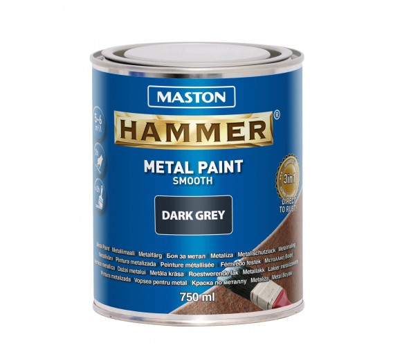 Dažai. Dažai, dažymo įrankiai, dažymo juostos. Metalo dažai. Dažai metalui MASTON Smooth Hammer tamsi pilka sp. 0,75l 