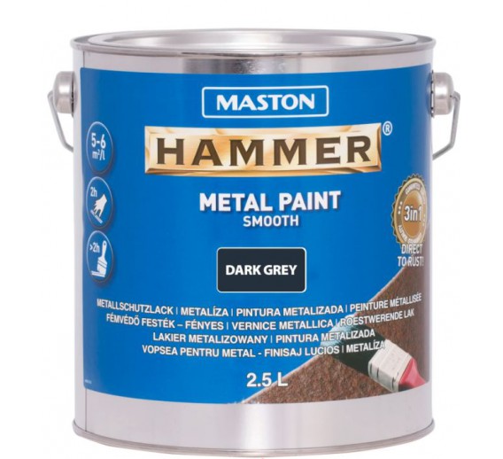 Dažai. Dažai, dažymo įrankiai, dažymo juostos. Metalo dažai. Dažai metalui MASTON Smooth Hammer tamsi pilka sp. 2,5l 