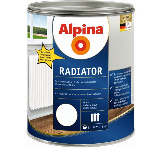 Dažai. Dažai, dažymo įrankiai, dažymo juostos. Specialios paskirties dažai. Dažai radiatoriams Alpina EXAP Radiator XB, 0,75l 