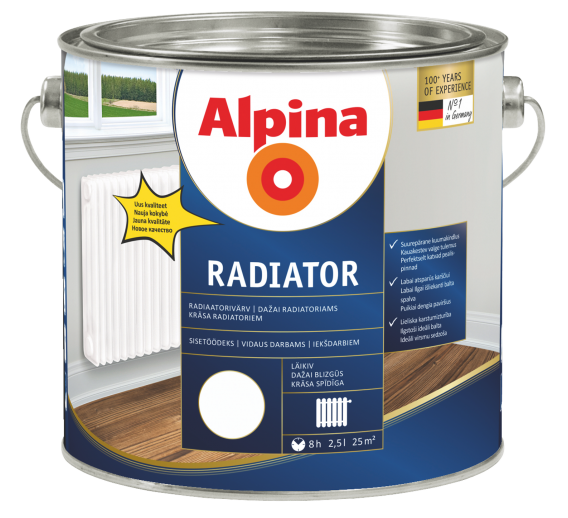 Dažai. Dažai, dažymo įrankiai, dažymo juostos. Specialios paskirties dažai. Dažai radiatoriams Alpina EXAP Radiator XB, 2,5l 