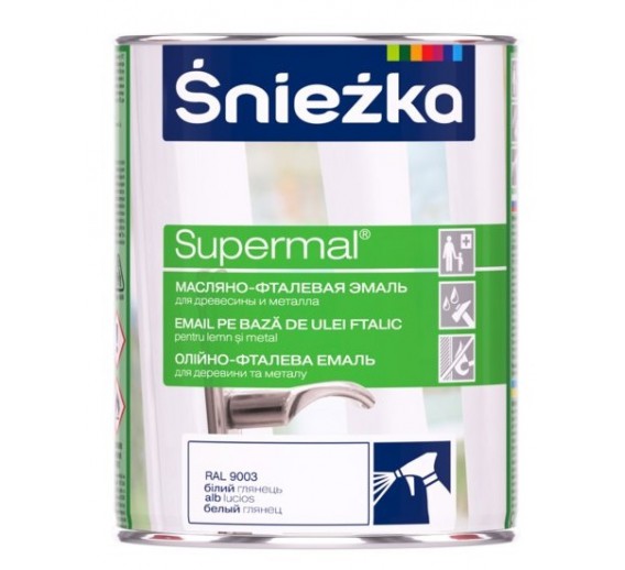 Dažai. Dažai, dažymo įrankiai, dažymo juostos. Emaliniai dažai. Dažai Sniežka SUPERMAL balta, 0.8l 