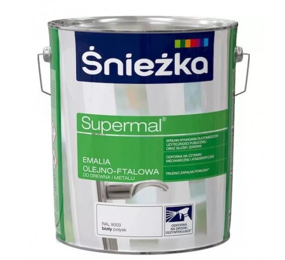 Dažai. Dažai, dažymo įrankiai, dažymo juostos. Emaliniai dažai. Dažai Sniežka SUPERMAL balta, 5l 