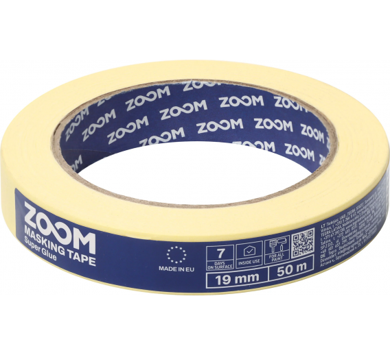 Dažai. Dažai, dažymo įrankiai, dažymo juostos. Apsauginės dažymo, glaistymo ir armavimo juostos. Dažymo juosta geltona 19mm x 50m ZOOM Super glue