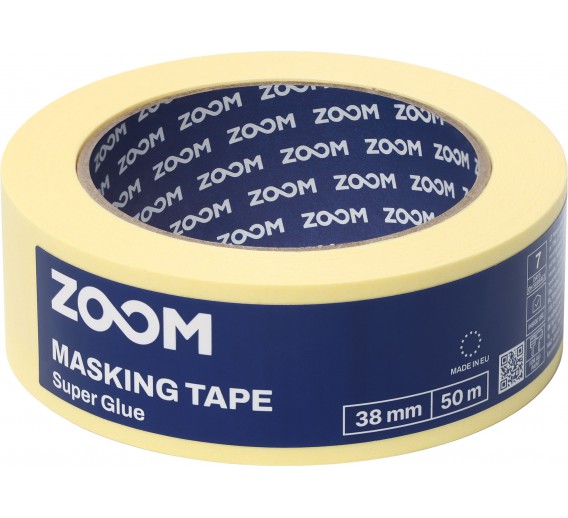 Dažai. Dažai, dažymo įrankiai, dažymo juostos. Apsauginės dažymo, glaistymo ir armavimo juostos. Dažymo juosta geltona 38mm x 50m ZOOM Super glue