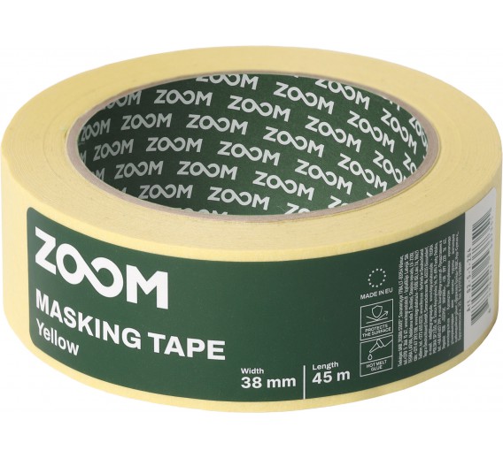 Dažai. Dažai, dažymo įrankiai, dažymo juostos. Apsauginės dažymo, glaistymo ir armavimo juostos. Dažymo juosta geltona ZOOM 38 mm x 45 m