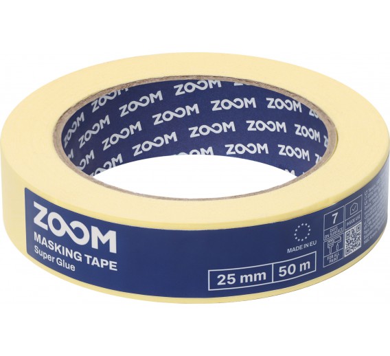 Dažai. Dažai, dažymo įrankiai, dažymo juostos. Apsauginės dažymo, glaistymo ir armavimo juostos. Dažymo juosta geltona ZOOM Super glue, 25mm x 50m