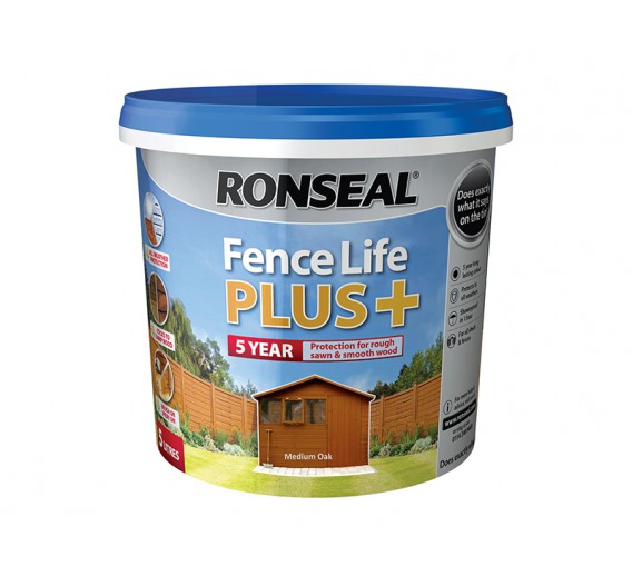 Dažai. Medienos apsaugos ir dekoravimo priemonės. Medienos dažai ir dažyvės. Medžio dažyvės. Dažyvė Ronseal Fence Life Plus 5l Medium oak 