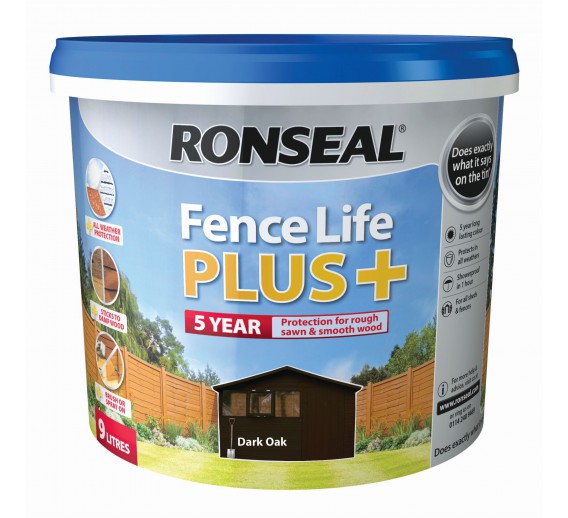 Dažai. Medienos apsaugos ir dekoravimo priemonės. Medienos dažai ir dažyvės. Medžio dažyvės. Dažyvė Ronseal Fence Life Plus 9l Dark oak 