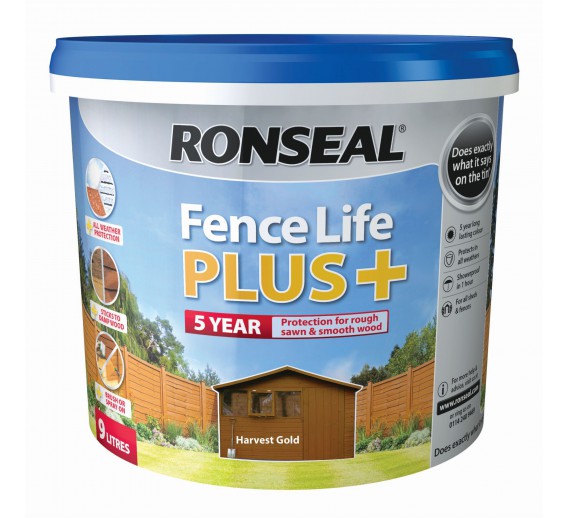 Dažai. Medienos apsaugos ir dekoravimo priemonės. Medienos dažai ir dažyvės. Medžio dažyvės. Dažyvė Ronseal Fence Life Plus 9l Harvest gold 