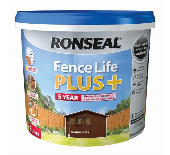 Dažai. Medienos apsaugos ir dekoravimo priemonės. Medienos dažai ir dažyvės. Medžio dažyvės. Dažyvė Ronseal Fence Life Plus 9l Medium oak 