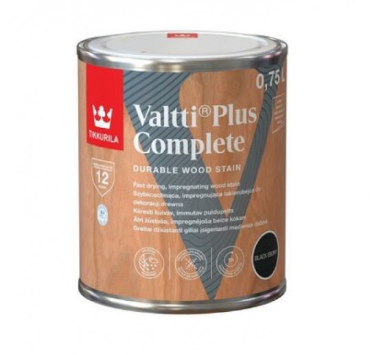 Dažai. Medienos apsaugos ir dekoravimo priemonės. Medienos dažai ir dažyvės. Medžio dažyvės. Dažyvė Tikkurilla Valtti PLUS complete BLACK EBONY 0,75l 