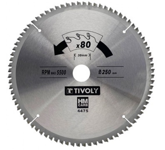 Darbo įrankiai. Įrankių priedai. Diskai diskiniams pjūklams. Diskinis pjūklas kietam medžiui Tivoly 250x30mm 80T 3°, (20mm adapteris)