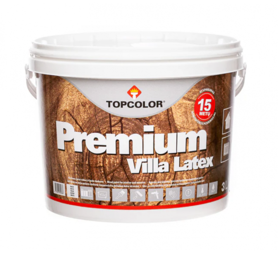 Dažai. Medienos apsaugos ir dekoravimo priemonės. Medienos dažai ir dažyvės. Dažai medienai. Dispersiniai dažai Villa Latex antracitinė Topcolor 3l 