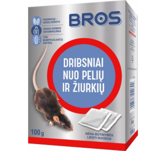 Sodo ir daržo prekės. Priemonės prieš kenkėjus. Priemonės prieš žiurkes, peles ir kurmius. Dribsniai nuo pelių ir žiurkių BROS, 100 g 