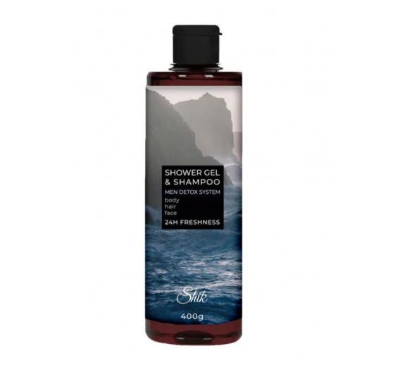 Švaros prekės. Kūno ir plaukų priežiūros priemonės. Dušo gelis-šampūnas vyrams Shik Detox System 400ml