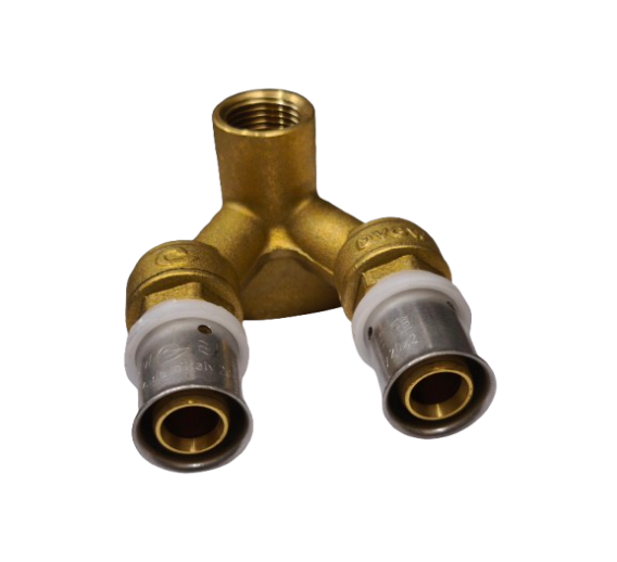 Santechnikos prekės. Vamzdynų sistemos. Daugiasluoksnė sistema, dalys. Presuojamos jungtys. Dviguba presuojama sieninė alkūnė 20x1/2x20