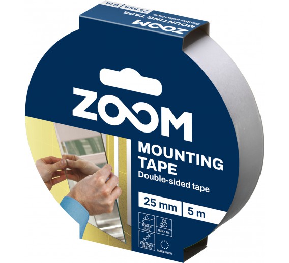 Vidaus apdailos prekės. Pakavimo, izoliacinės, lipnios juostos. Dvipusio lipnumo juostos. Dvipusė juostelė montavimui 25 mm x 5 m ZOOM 