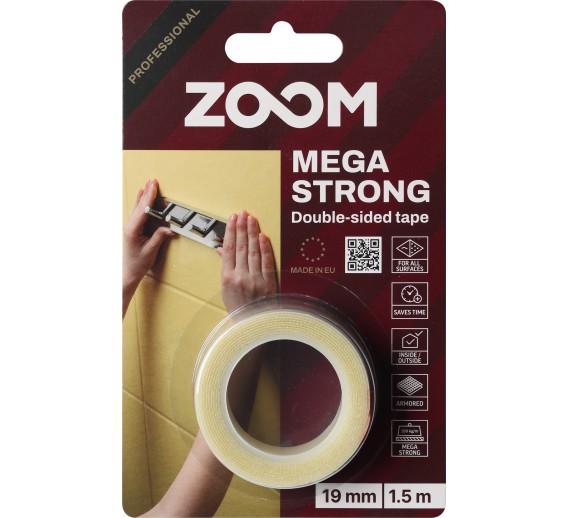 Vidaus apdailos prekės. Pakavimo, izoliacinės, lipnios juostos. Dvipusio lipnumo juostos. Dvipusė lipni juosta Mega strong ZOOM 19 mmx 1,5 m