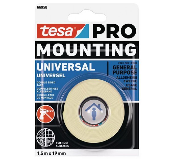 Vidaus apdailos prekės. Pakavimo, izoliacinės, lipnios juostos. Dvipusio lipnumo juostos. Dvipusė lipni juosta Tesa PRO Mounting Universal 1,5 m x 19 mm 