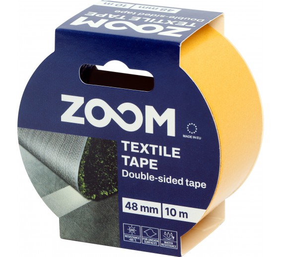 Vidaus apdailos prekės. Pakavimo, izoliacinės, lipnios juostos. Dvipusio lipnumo juostos. Dvipusė lipni tekstilinė juosta ZOOM 48mm x 10 m