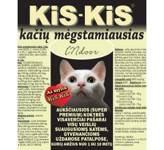 Gyvūnų prekės. Gyvūnėlių priežiūros priemonės. Naminių gyvūnų maistas. Ėdalas kambarinėms katėms KIS-KIS Indoor 1 kg 